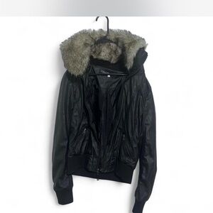 Faux Fur Hooded Black Leather Bomber Jacket